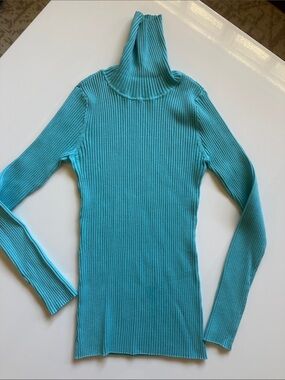 Fitted Stretch Ribbed Turtleneck Sweater in Turquoise